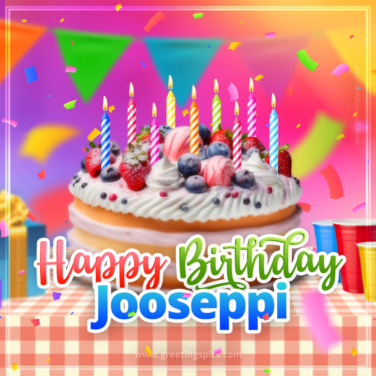 Happy Birthday Jooseppi Colorful Image with fruit cake and candles (square shape image)