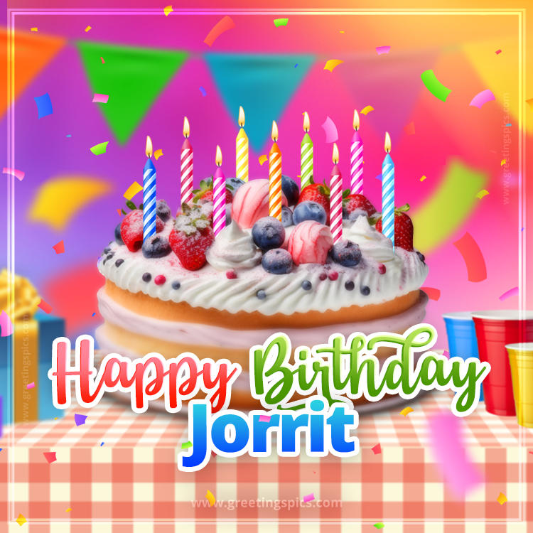 Happy Birthday Jorrit Colorful Image with fruit cake and candles (square shape image)