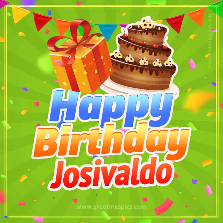 Happy Birthday Josivaldo picture with flags, chocolate cake and gift box (square shape image)