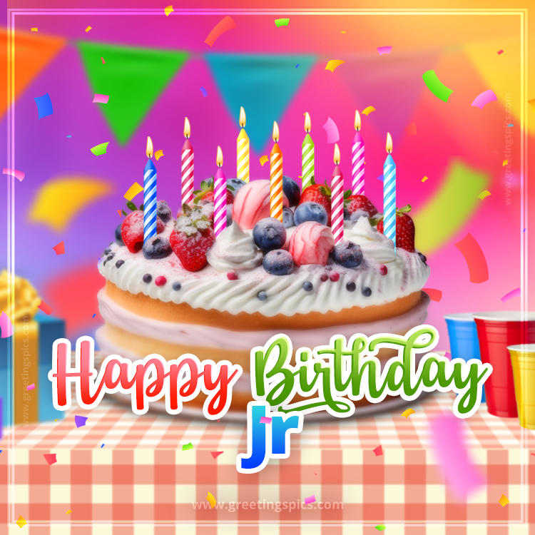 Happy Birthday Jr Colorful Image with fruit cake and candles (square shape image)