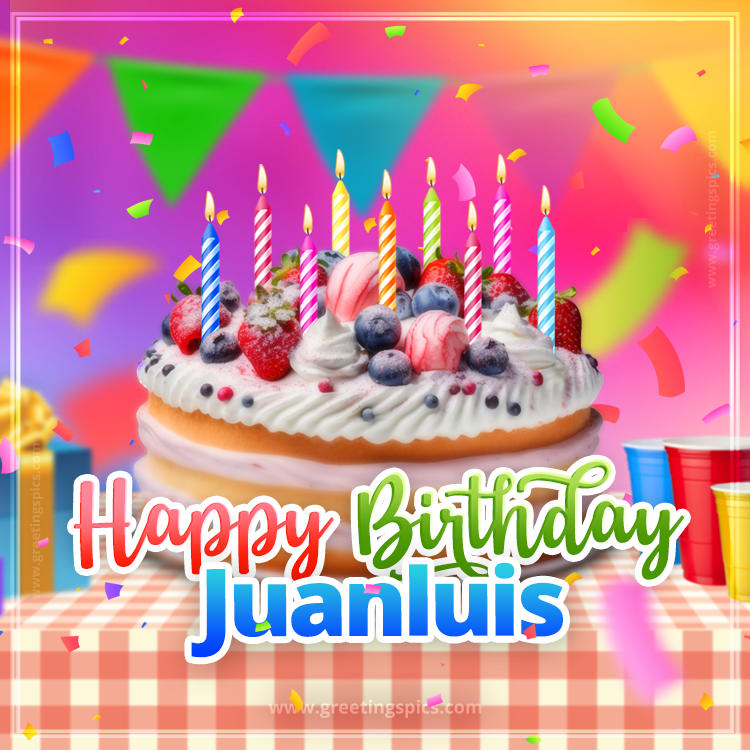 Happy Birthday Juanluis Colorful Image with fruit cake and candles (square shape image)