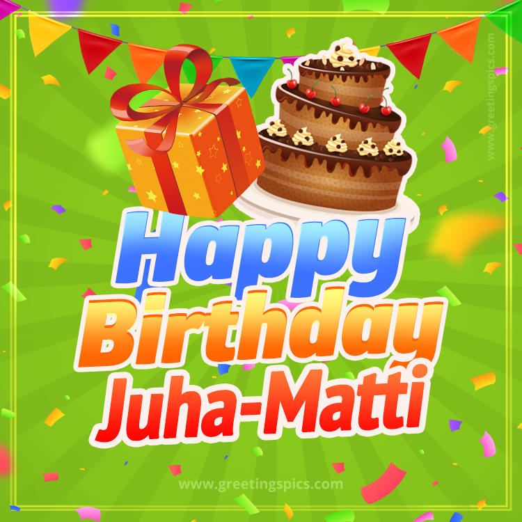 Happy Birthday Juha-Matti picture with flags, chocolate cake and gift box (square shape image)