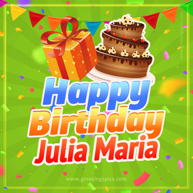 Happy Birthday Julia Maria picture with flags, chocolate cake and gift box (square shape image)