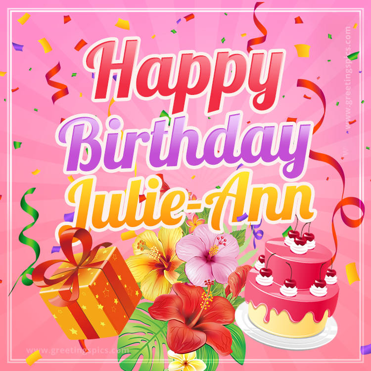 Beautiful Birthday Card for Julie-Ann with Cake and bouquet of flowers (square shape image)