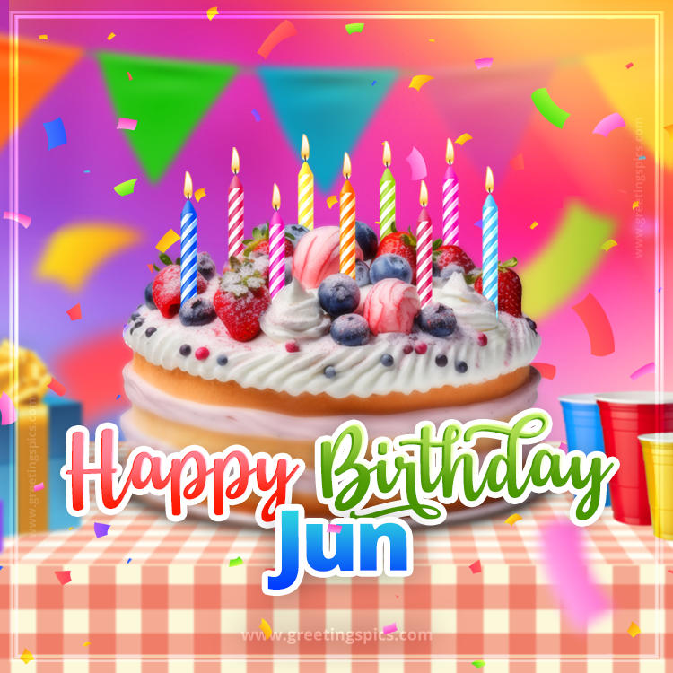 Happy Birthday Jun Colorful Image with fruit cake and candles (square shape image)