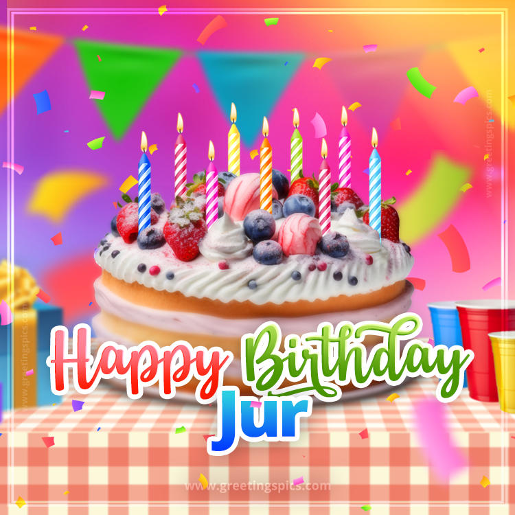 Happy Birthday Jur Colorful Image with fruit cake and candles (square shape image)