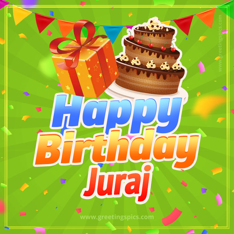Happy Birthday Juraj picture with flags, chocolate cake and gift box (square shape image)