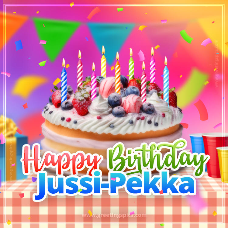 Happy Birthday Jussi-Pekka Colorful Image with fruit cake and candles (square shape image)