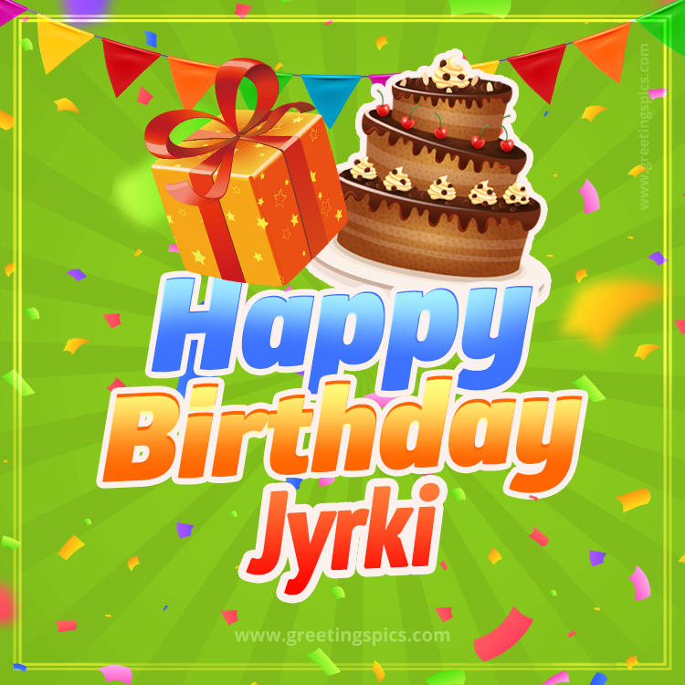 Happy Birthday Jyrki picture with flags, chocolate cake and gift box (square shape image)