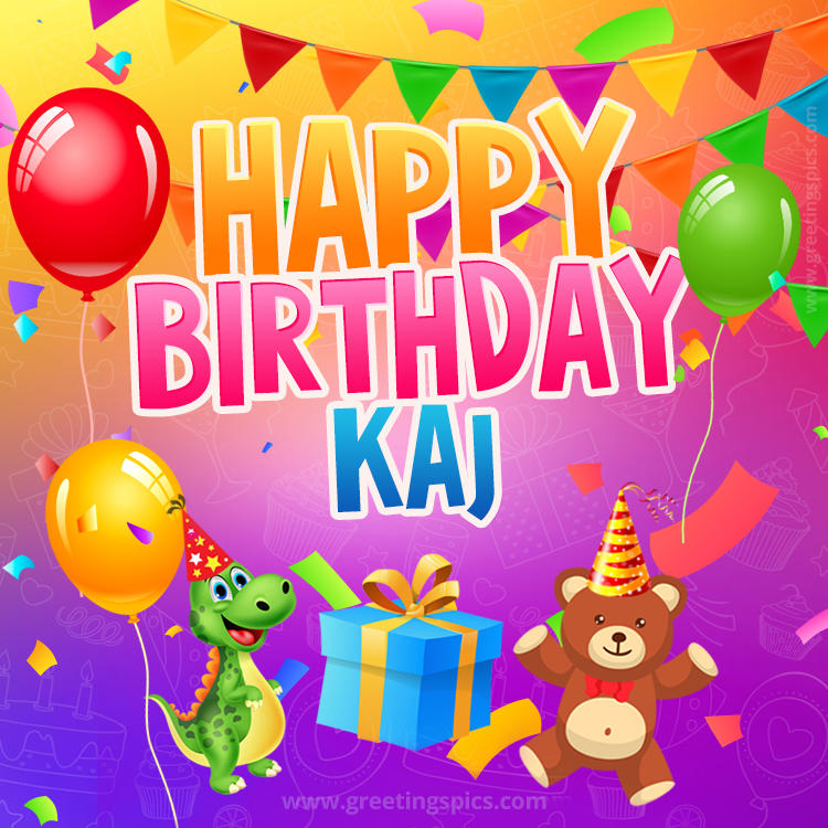 Happy Birthday Kaj Image for a child with cute baby dinosaur and bear (square shape image)