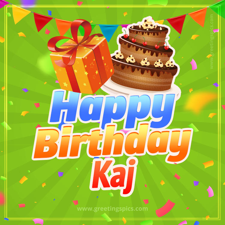 Happy Birthday Kaj picture with flags, chocolate cake and gift box (square shape image)