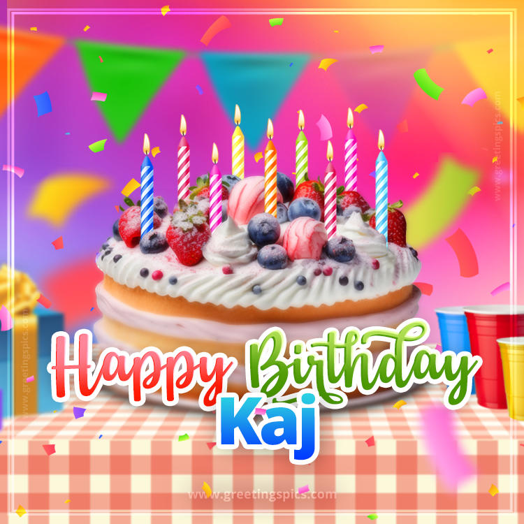 Happy Birthday Kaj Colorful Image with fruit cake and candles (square shape image)