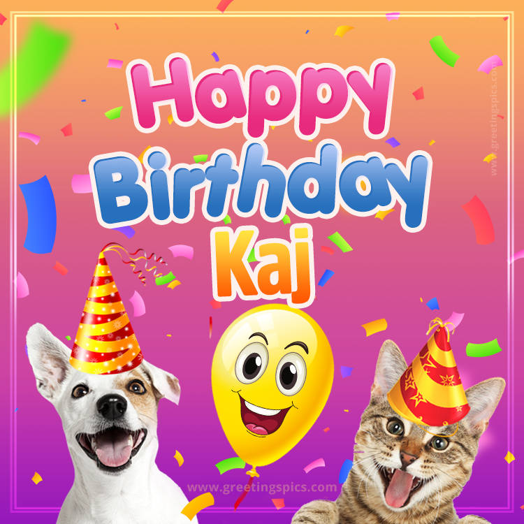 Happy Birthday Kaj Funny Image with cat and dog (square shape image)