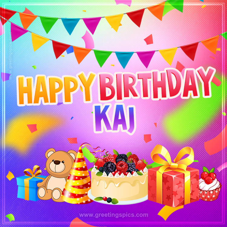 Bright card with Wishes for a Happy Birthday for Kaj (square shape image)