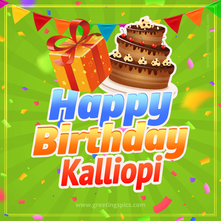 Happy Birthday Kalliopi picture with flags, chocolate cake and gift box (square shape image)