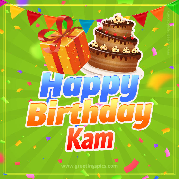 Happy Birthday Kam picture with flags, chocolate cake and gift box (square shape image)