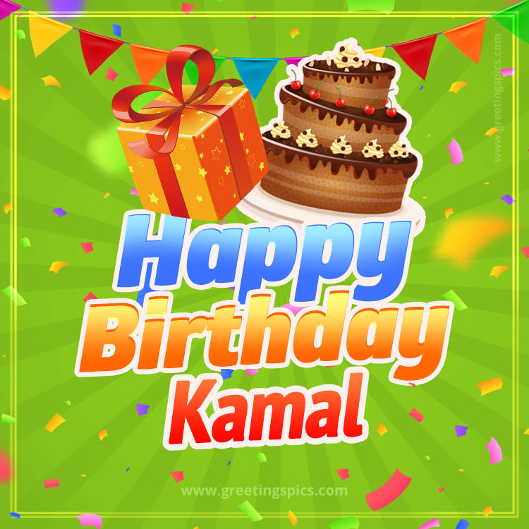 Happy Birthday Kamal picture with flags, chocolate cake and gift box (square shape image)