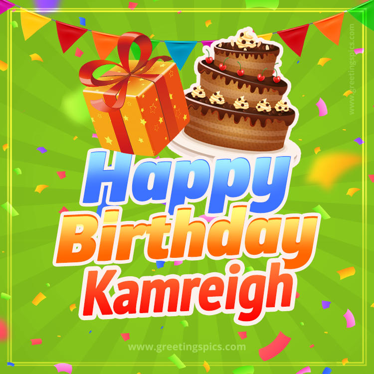 Happy Birthday Kamreigh picture with flags, chocolate cake and gift box (square shape image)