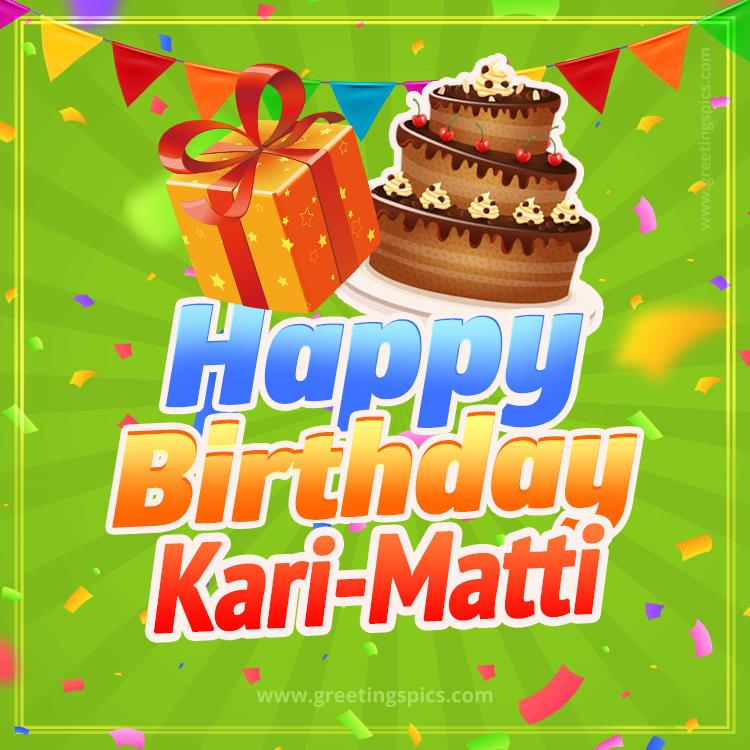 Happy Birthday Kari-Matti picture with flags, chocolate cake and gift box (square shape image)