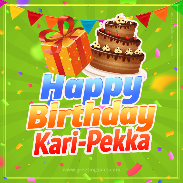 Happy Birthday Kari-Pekka picture with flags, chocolate cake and gift box (square shape image)