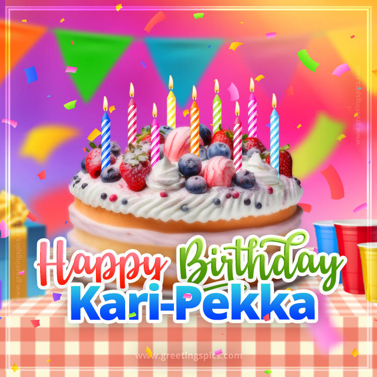 Happy Birthday Kari-Pekka Colorful Image with fruit cake and candles (square shape image)