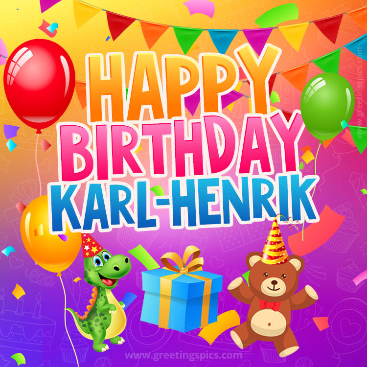 Happy Birthday Karl-Henrik Image for a child with cute baby dinosaur and bear (square shape image)