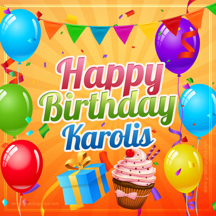 Happy Birthday Karolis eCard with gift box and cupcake (square shape image)