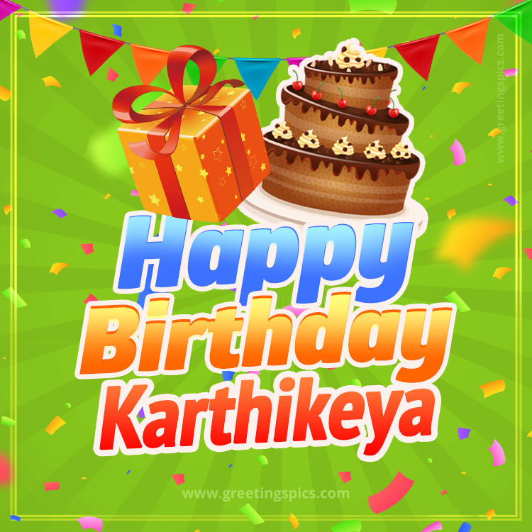 Happy Birthday Karthikeya picture with flags, chocolate cake and gift box (square shape image)