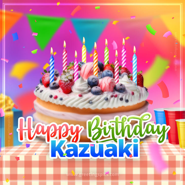 Happy Birthday Kazuaki Colorful Image with fruit cake and candles (square shape image)