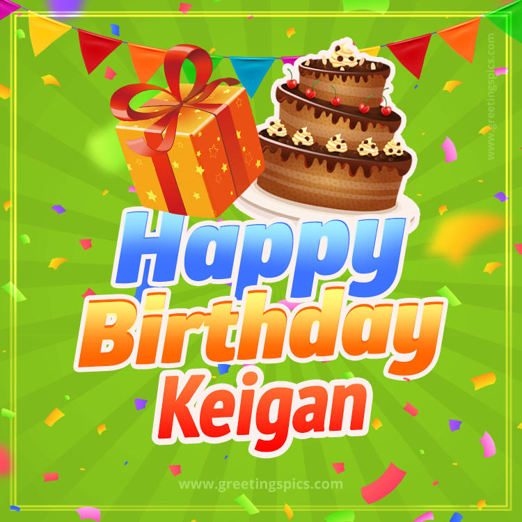 Happy Birthday Keigan picture with flags, chocolate cake and gift box (square shape image)