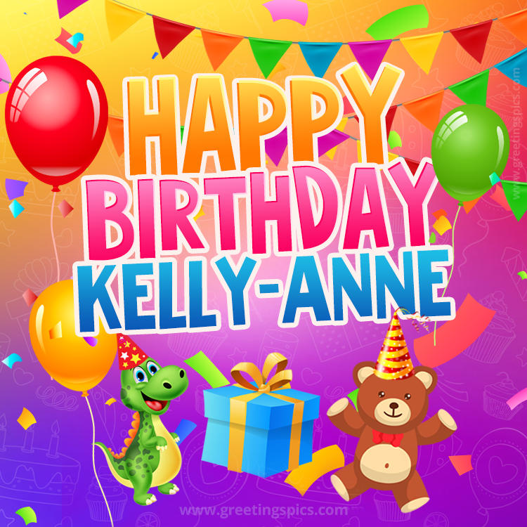 Happy Birthday Kelly-Anne Image for a child with cute dinosaur and bear (square shape image)