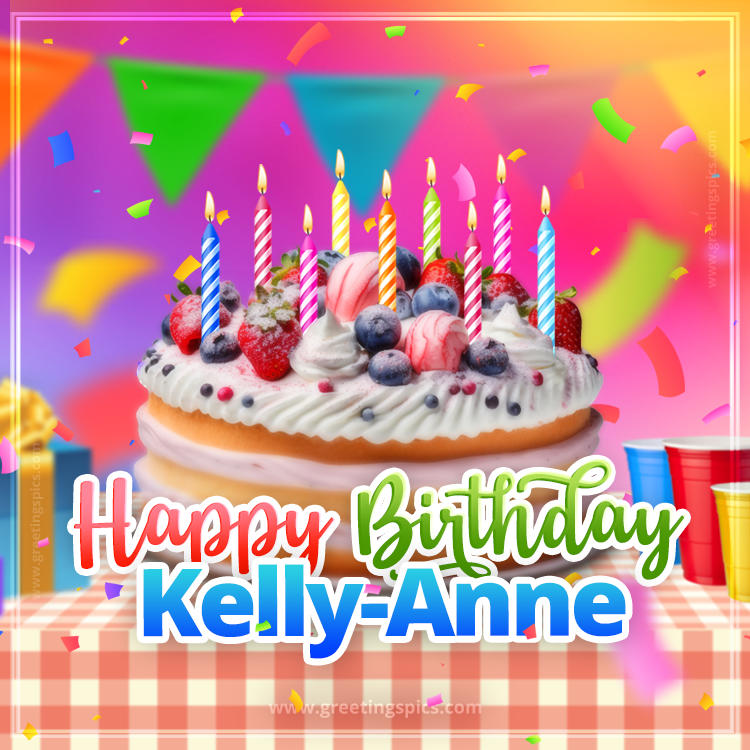 Happy Birthday Kelly-Anne Colorful Image with fruit cake and candles (square shape image)