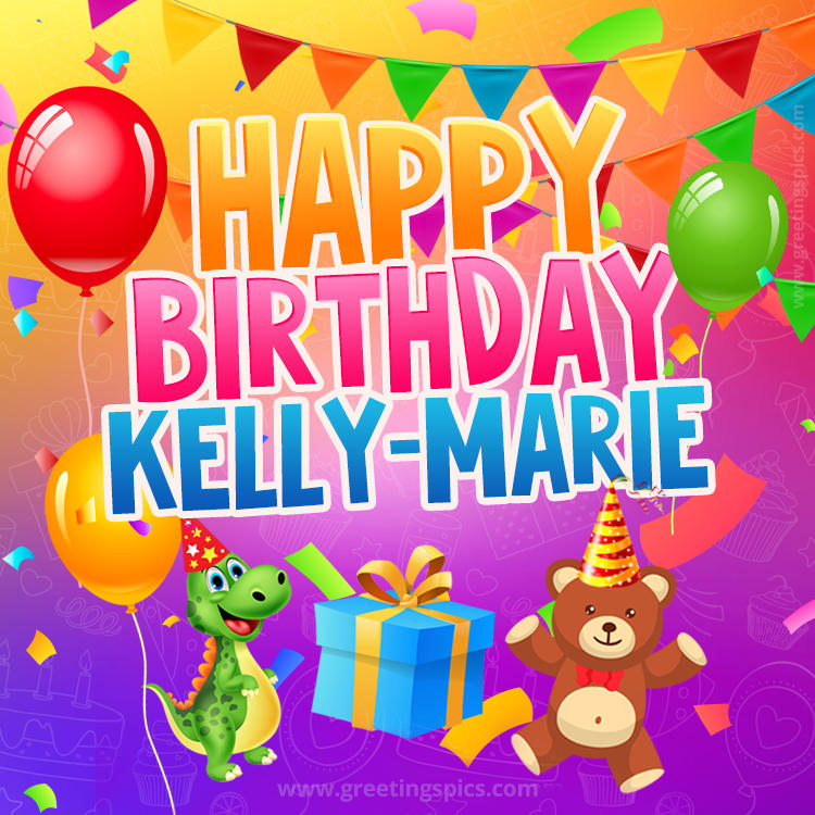 Happy Birthday Kelly-Marie Image for a child with cute dinosaur and bear (square shape image)