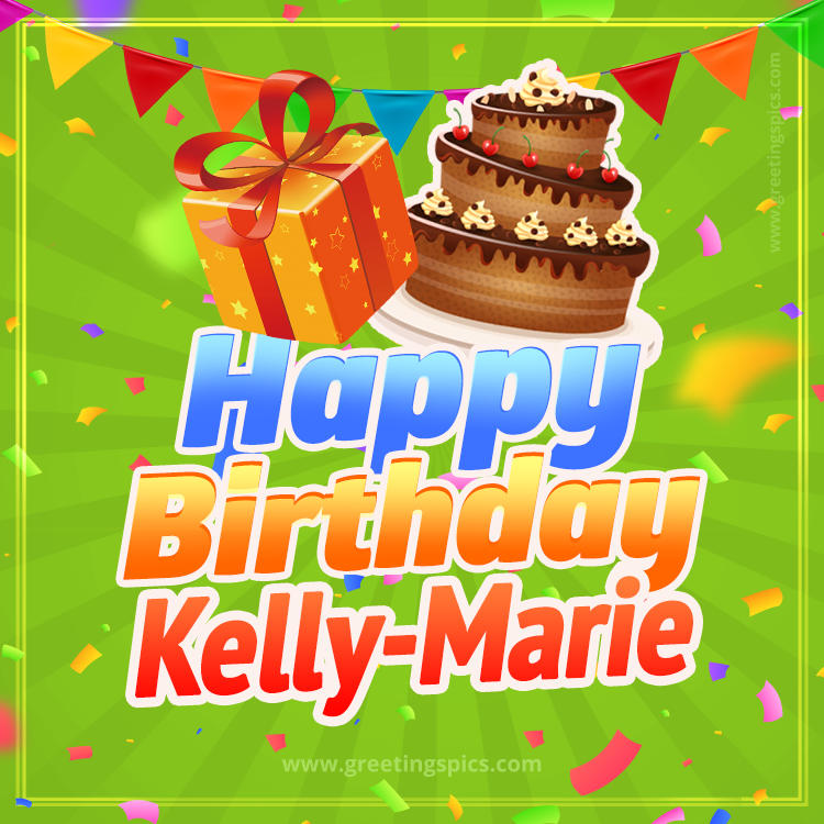 Happy Birthday Kelly-Marie picture with flags, chocolate cake and gift box (square shape image)