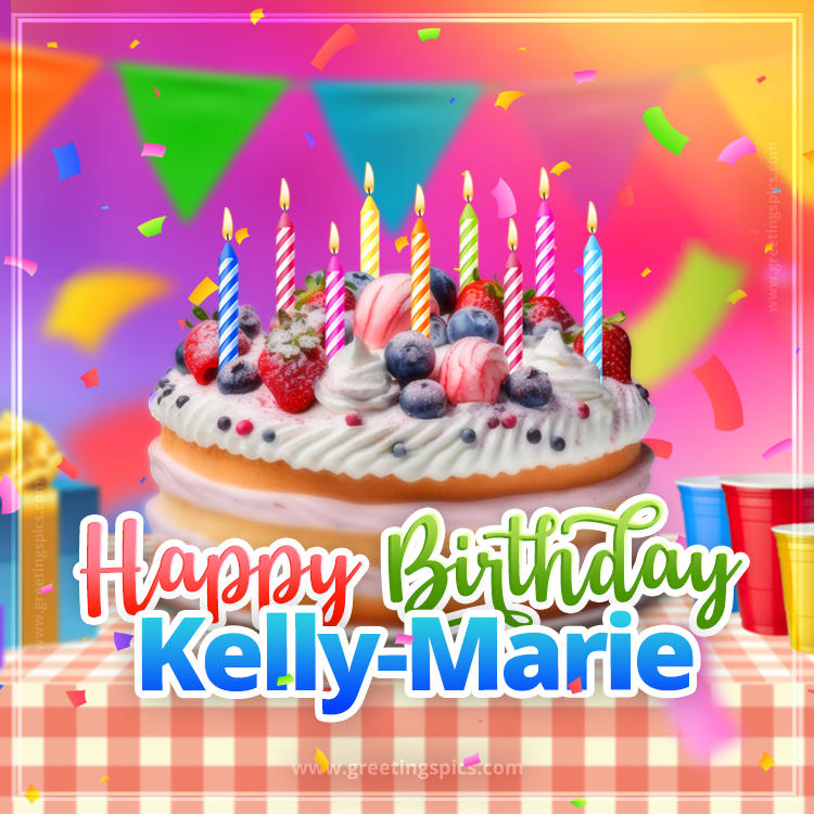 Happy Birthday Kelly-Marie Colorful Image with fruit cake and candles (square shape image)