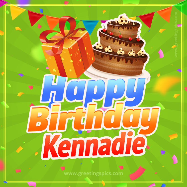 Happy Birthday Kennadie picture with flags, chocolate cake and gift box (square shape image)