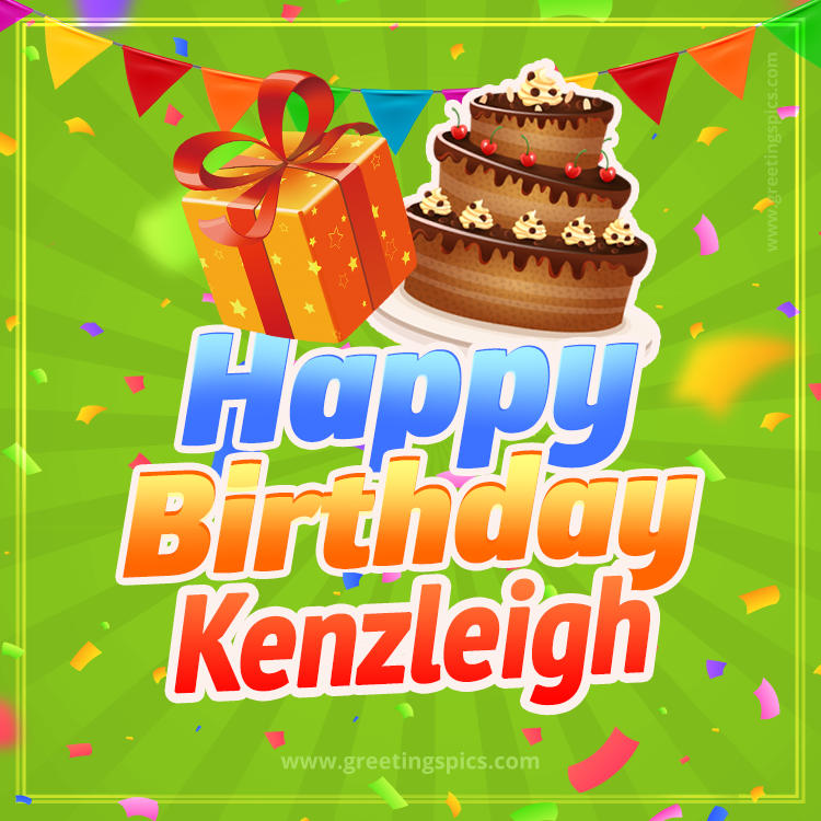 Happy Birthday Kenzleigh picture with flags, chocolate cake and gift box (square shape image)