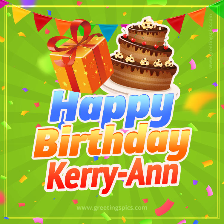 Happy Birthday Kerry-Ann picture with flags, chocolate cake and gift box (square shape image)