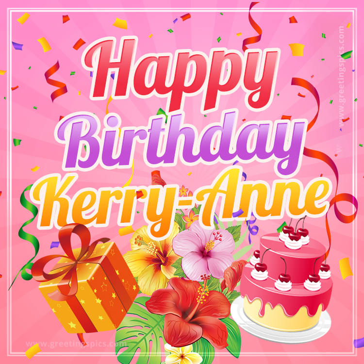 Beautiful Birthday Card for Kerry-Anne with Cake and bouquet of flowers (square shape image)