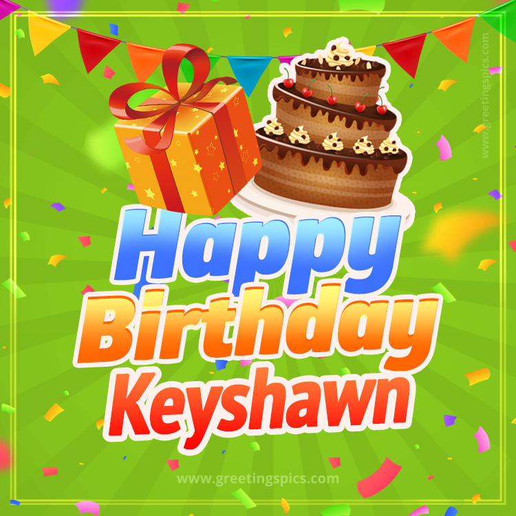 Happy Birthday Keyshawn picture with flags, chocolate cake and gift box (square shape image)