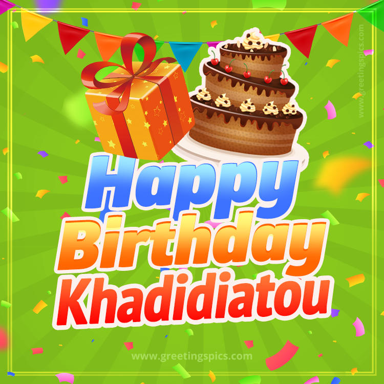 Happy Birthday Khadidiatou picture with flags, chocolate cake and gift box (square shape image)