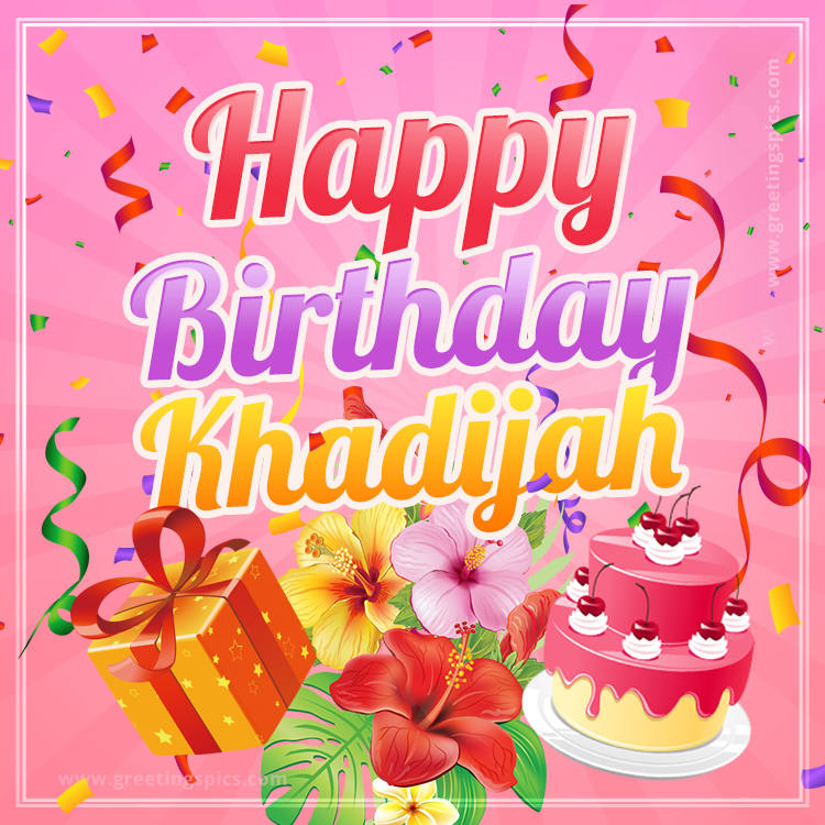 Beautiful Birthday Card for Khadijah with Cake and bouquet of flowers (square shape image)