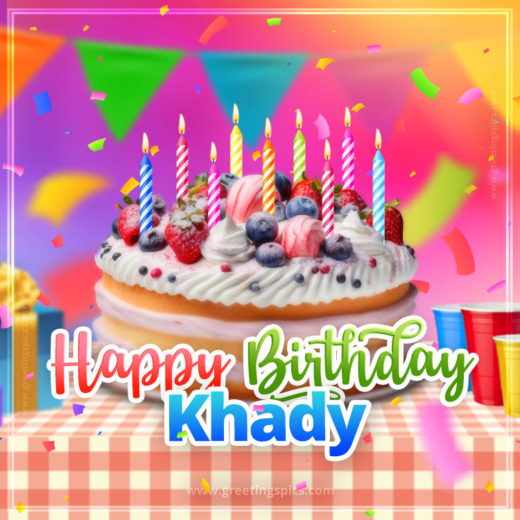 Happy Birthday Khady Colorful Image with fruit cake and candles (square shape image)