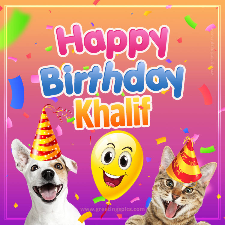 Happy Birthday Khalif Funny Image with cat and dog (square shape image)