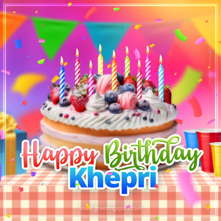 Happy Birthday Khepri Colorful Image with fruit cake and candles (square shape image)