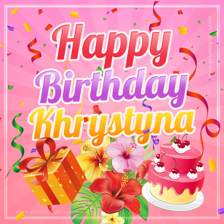 Beautiful Birthday Card for Khrystyna with Cake and bouquet of flowers (square shape image)