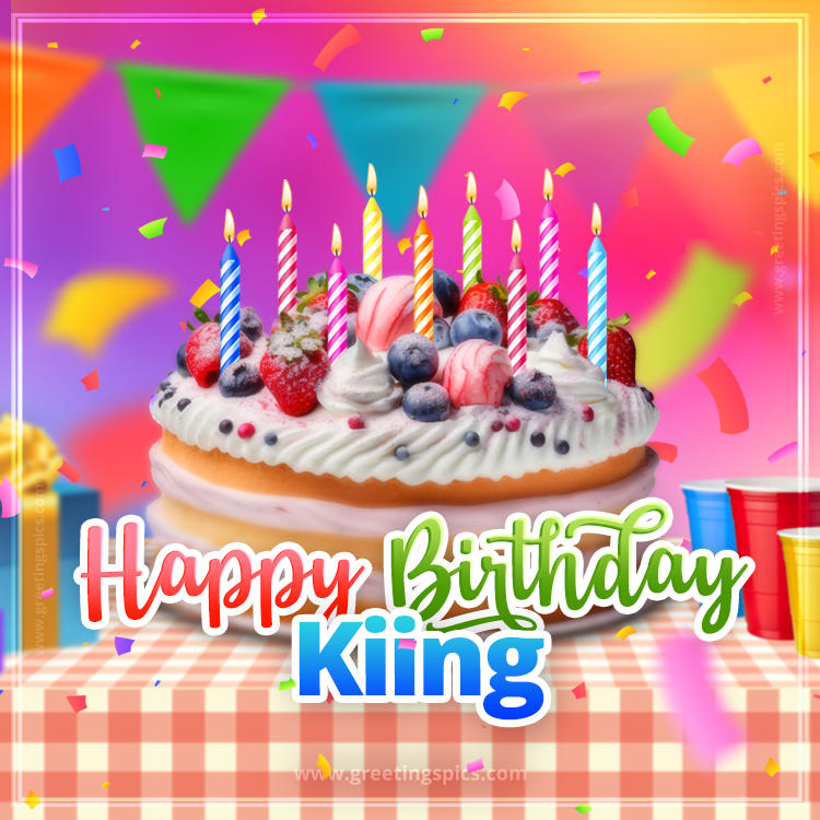 Happy Birthday Kiing Colorful Image with fruit cake and candles (square shape image)