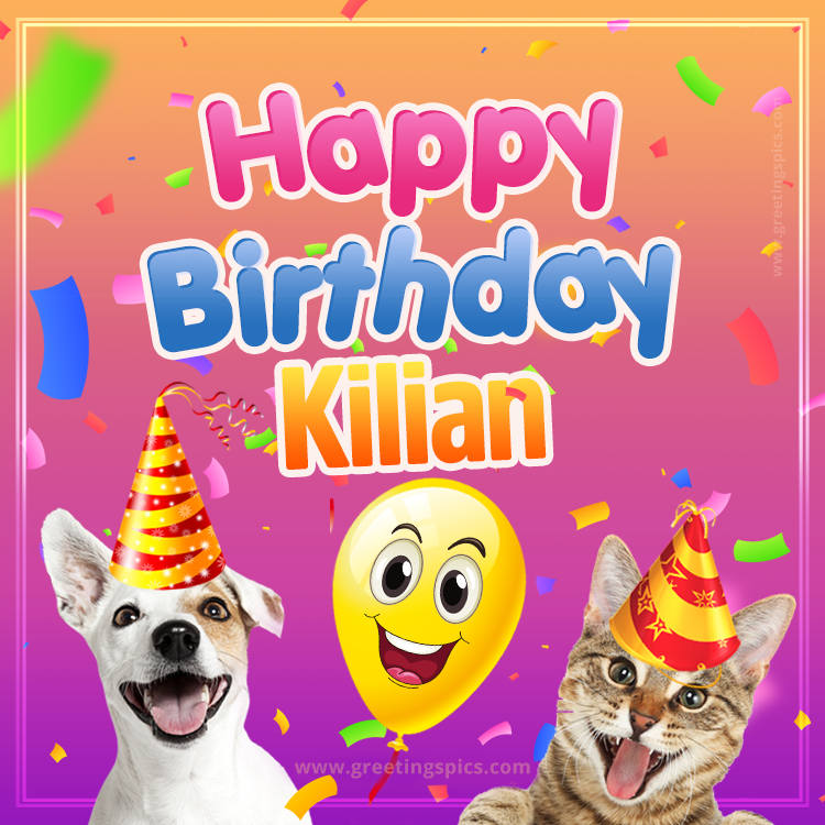 Happy Birthday Kilian Funny Image with cat and dog (square shape image)