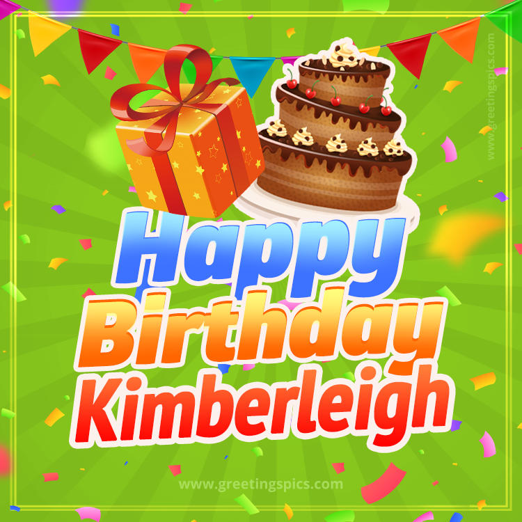 Happy Birthday Kimberleigh picture with flags, chocolate cake and gift box (square shape image)