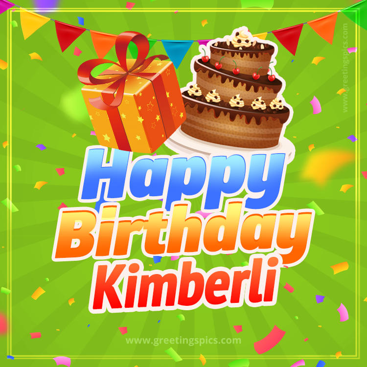 Happy Birthday Kimberli picture with flags, chocolate cake and gift box (square shape image)